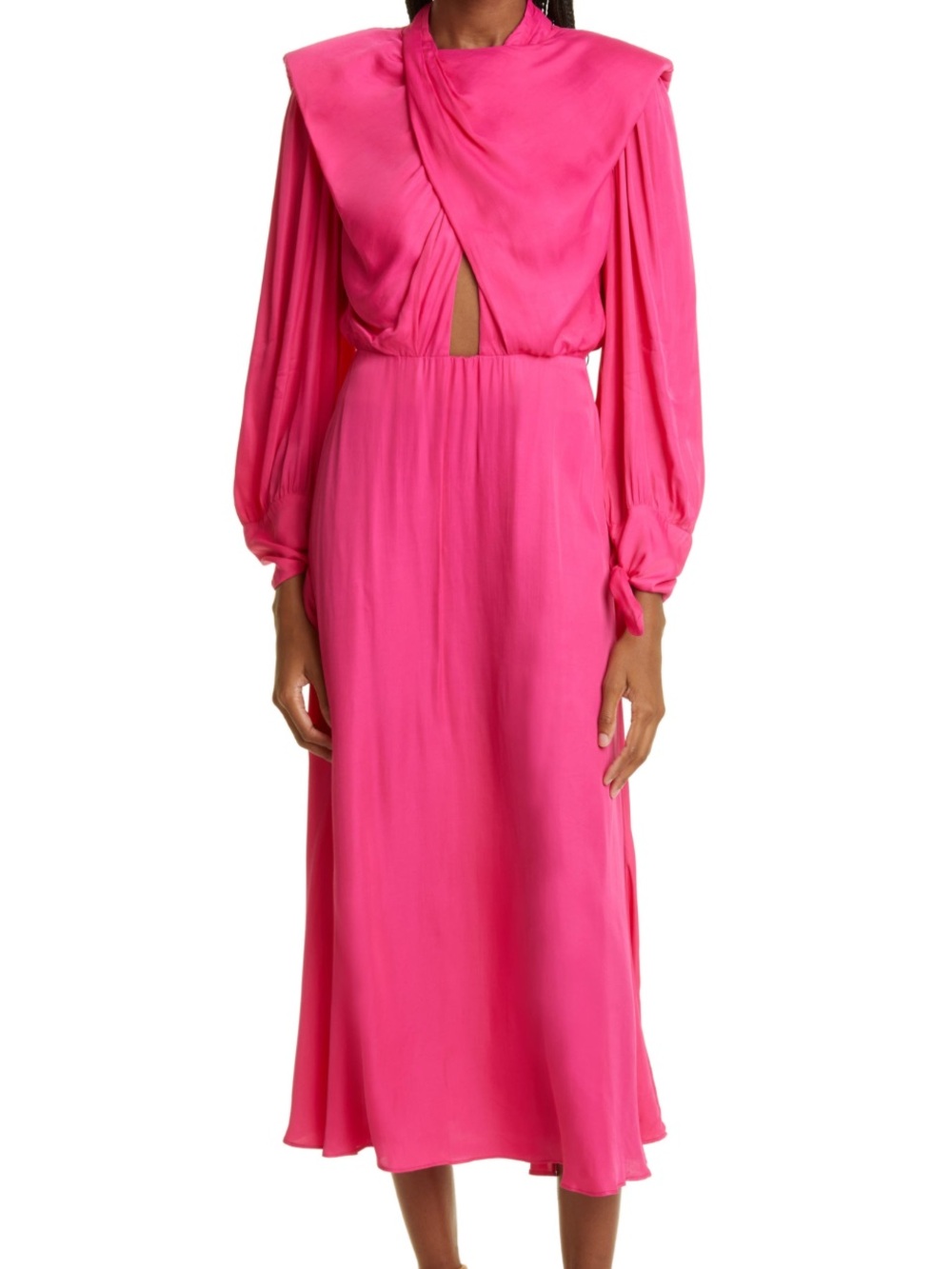 FARM Rio Bold Fuchsia Twist-Detail Long Sleeve Midi Dress
